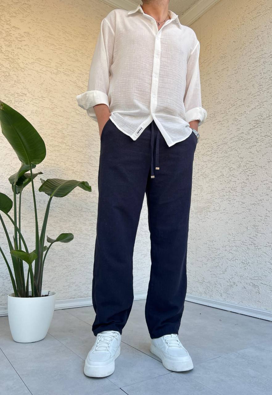 PANTALON EN LIN 100% BLEU NUIT