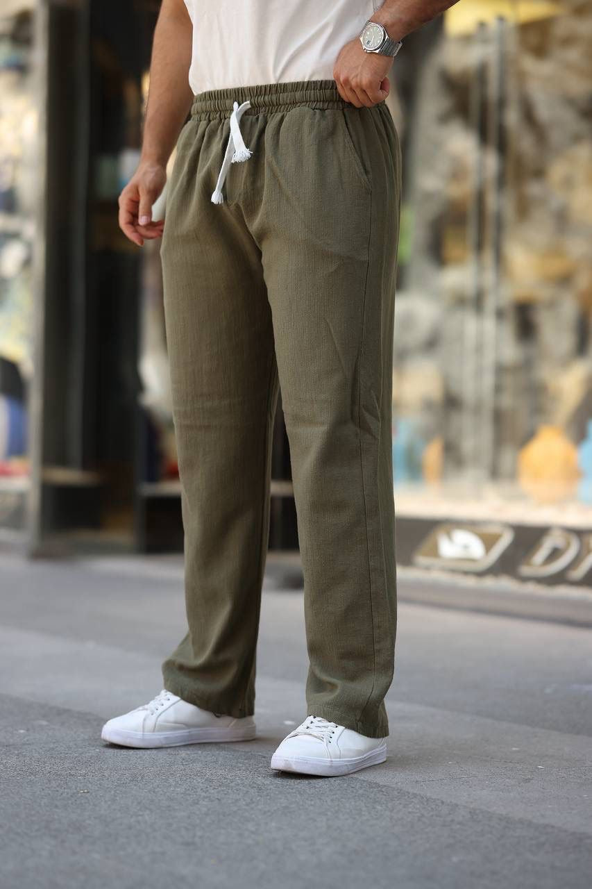 PANTALON EN LIN VERT KAKI