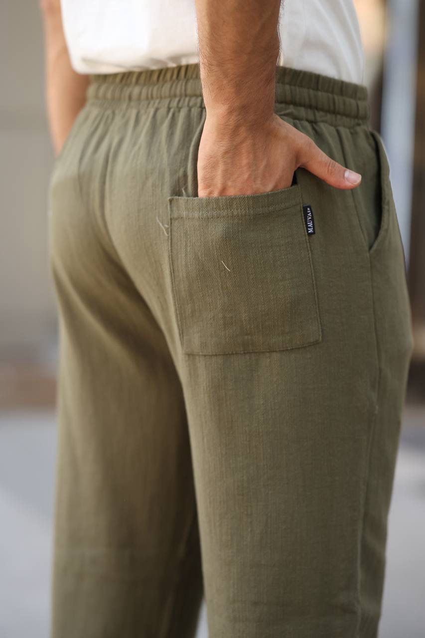 PANTALON EN LIN VERT KAKI
