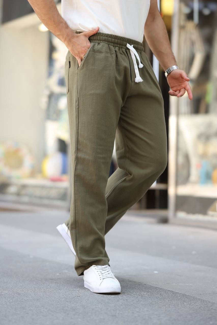 PANTALON EN LIN VERT KAKI